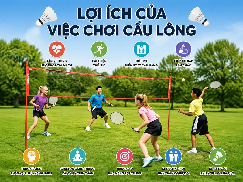Các động tác di chuyển, bật nhảy và đánh cầu giúp nhiều nhóm cơ hoạt động, hỗ trợ nâng cao sức khỏe toàn diện.